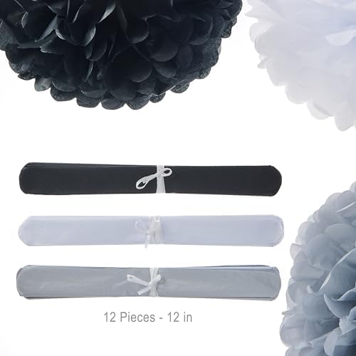 Tissue Pom Poms 12-Inch Pack of 12 Black White Silver