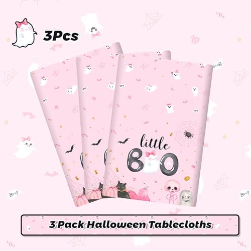 MEHOFOND 3pcs Little Boo Tablecloths Pink Halloween Decorations