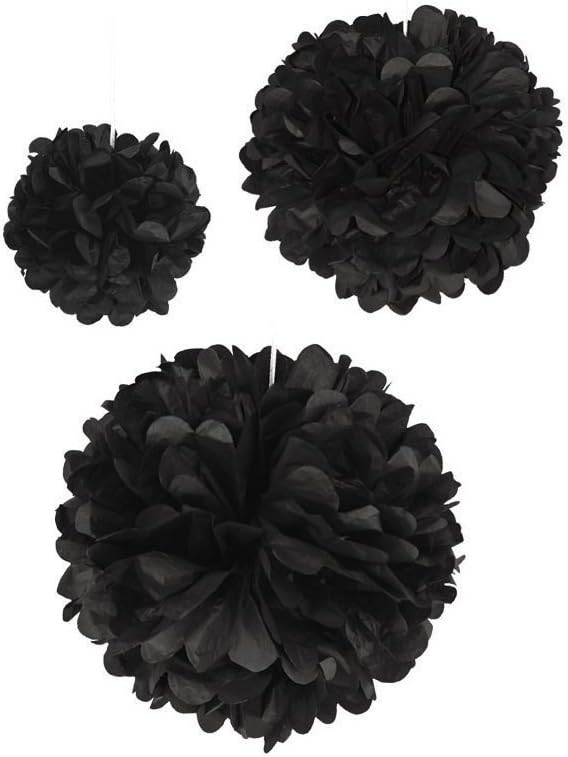 LUV Ribbons 3 Piece Tissue Pom Poms Black 8 12 15 Inch