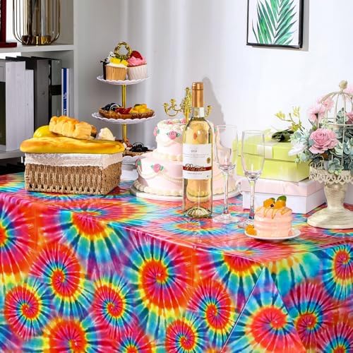 Newwiee Tie Dye Rainbow Tablecloth 54x108 Inch 3 Pcs