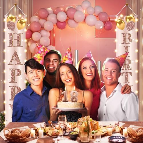 Happy Birthday LED Door Banner Decorations - Pink Rose Gold