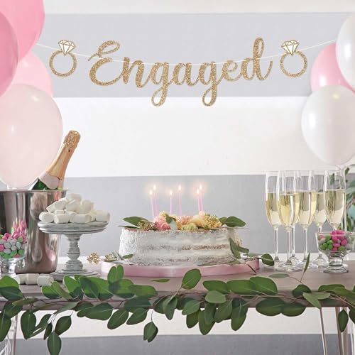 Pre-Strung Gold Glitter Engagement Banner - Happy Wedding Party Decor