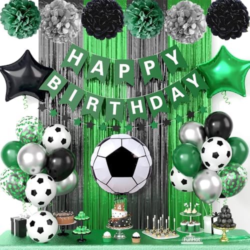 Soccer Party Decor Set Green Black Balloons and Tissue Poms