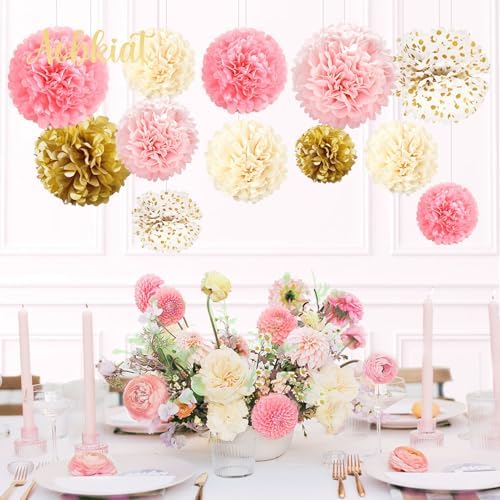 AOBKIAT Pink Gold Tissue Paper Pom Poms Set 12PCS