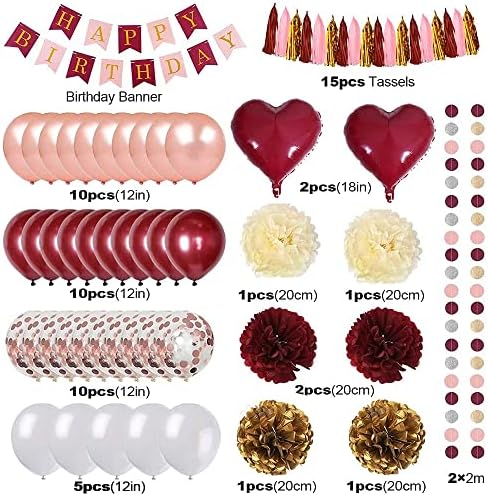 Burgundy Birthday Decorations Set with Balloons and Banner