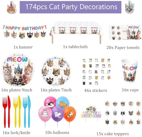 Lousuip 174pcs Cat Birthday Party Decorations Set