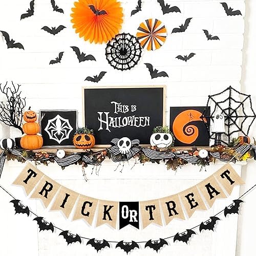 Uniwish Halloween Burlap Glitter Bat Decor Banners