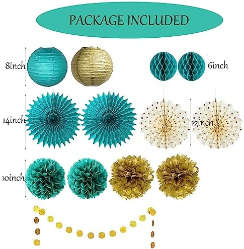 Teal Gold Party Decorations Tissue Pom Poms Garland Fans Lanterns
