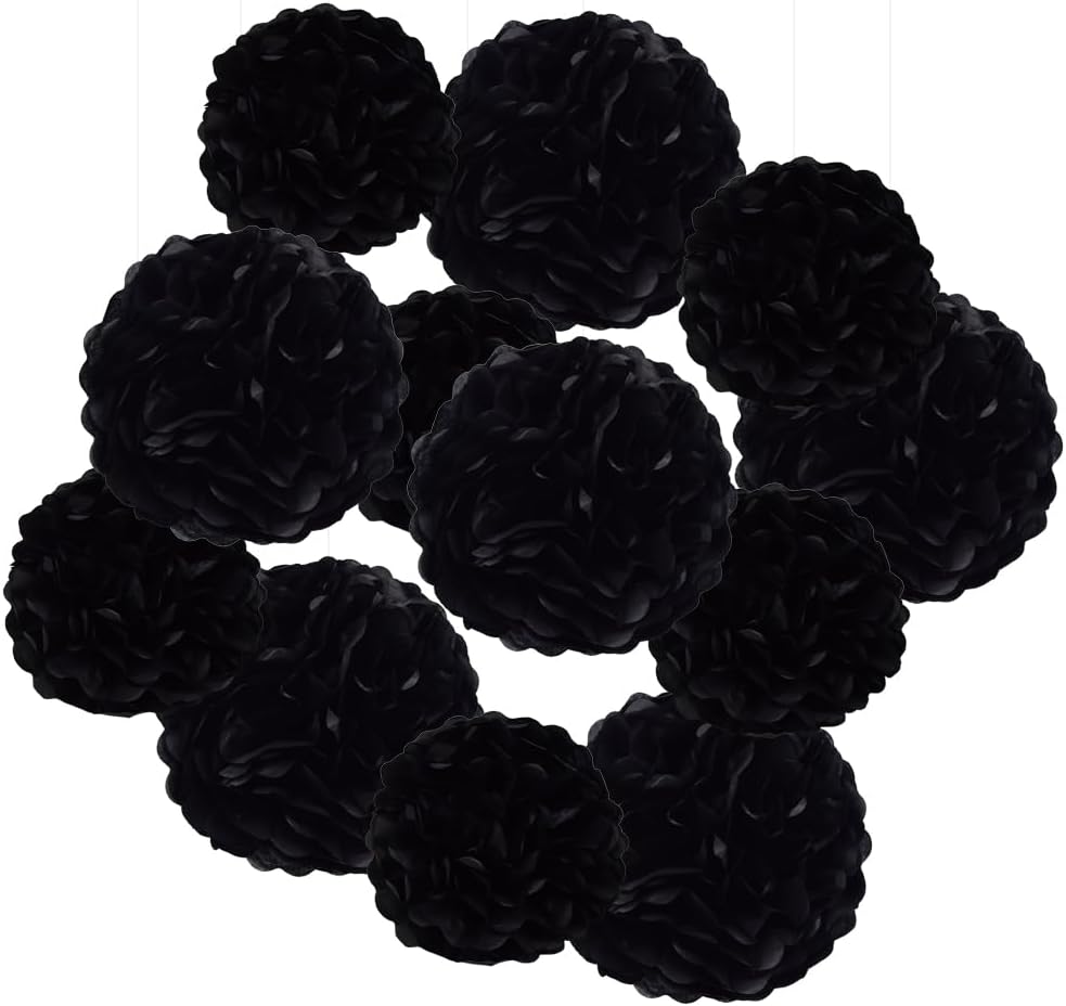 Hocansen 12Pcs Tissue Paper Pompoms 10in 12in Black Party Decorations