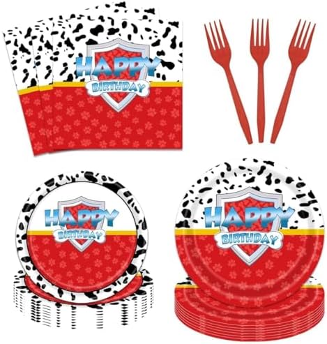 96 Pcs Red Dog Paw Birthday Party Kit for 24 Guests