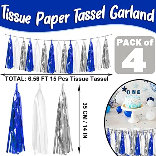 4P Navy Blue White Silver Metallic Tassel Garland Banner Set