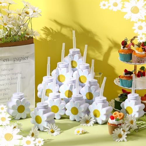 Domensi 10oz Daisy Flower Cups with Lids and Straws 12 Pcs