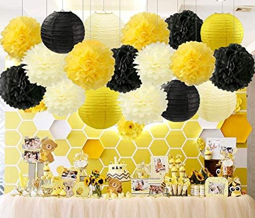 Set of 16 Black Yellow Bee Party Decorations
