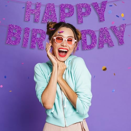 Pre-Strung Purple Glitter Happy Birthday Banner for Girls Women