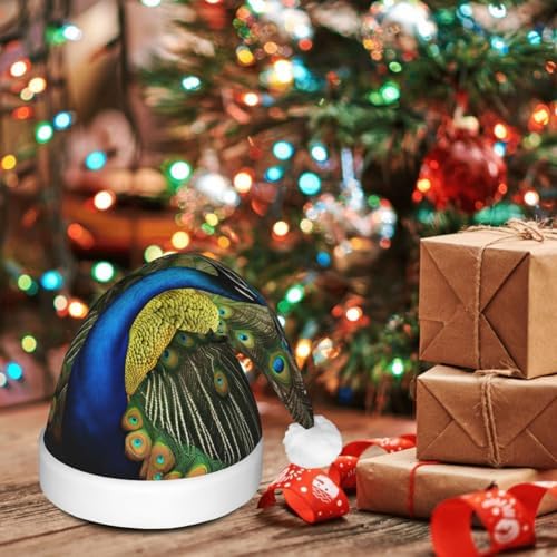 QINZHENG Peacock Feather Print Velvet Santa Hat with LED Lights