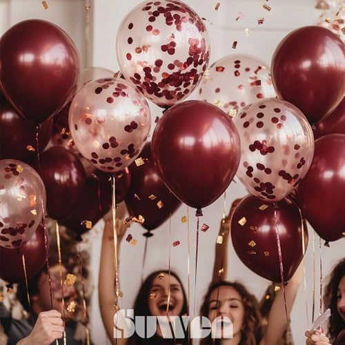SUWEN Burgundy Balloons and Confetti Set 47PCS