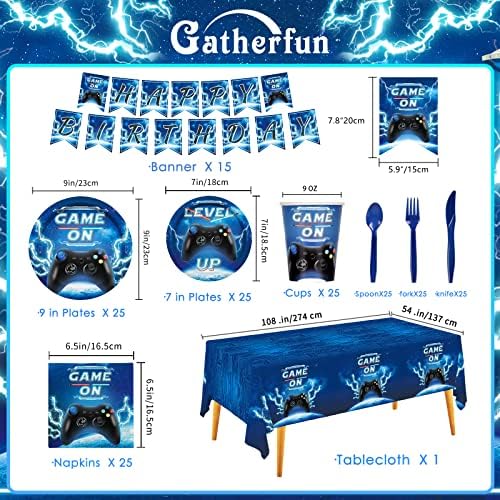 Video Game Party Kit for 25 Includes Plates Cups Cutlery Tablecloth Banner