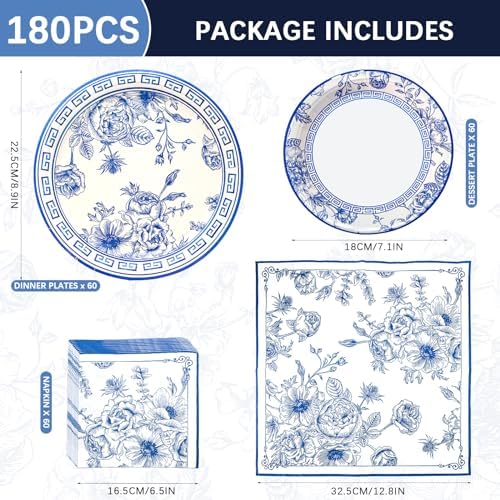 180PCS Blue White Floral Party Supplies Serve 60