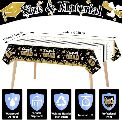 Chiazllta 3 Piece Black Gold Graduation Tablecloths