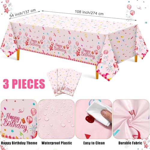 Oudain 3 Pcs Pink Birthday Tablecloths
