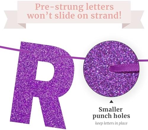 Pre-Strung Purple Glitter Happy Birthday Banner for Girls Women