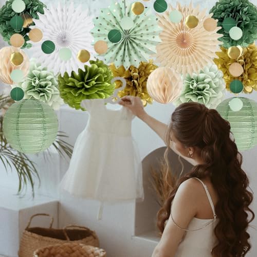 Sage Green Party Decorations Tissue Pom Poms Garland Fans Lanterns