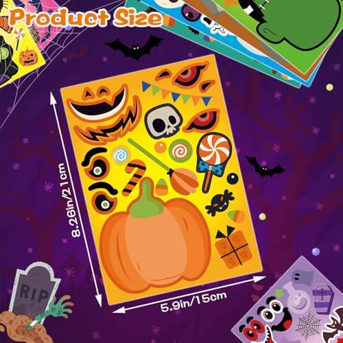 24 Sheets Halloween Stickers - Kids Craft Set with Pumpkin Mummy Zombie Vampire Themes