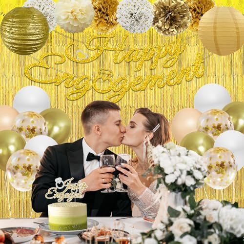 Gold Engagement Party Decorations with Happy Banner and Lanterns
