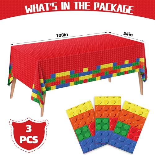 3PCS Building Block Tablecloths 54x108 Inches Durable Plastic Party Decor