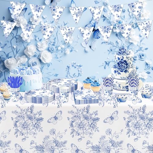 Blue and White Floral Tablecloths 3pcs Disposable Party Decorations