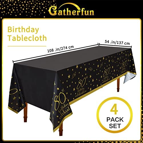 Gatherfun 80th Birthday Tablecloth 4 Pack Gold Black Waterproof