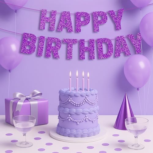 Pre-Strung Purple Glitter Happy Birthday Banner for Girls Women