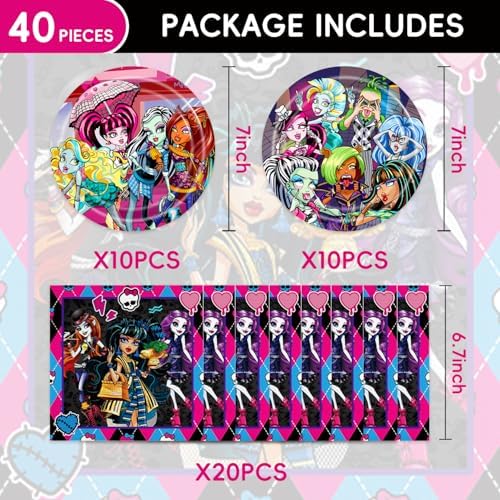 40Pack Monst-High Birthday Party Supplies with Plates and Napkins