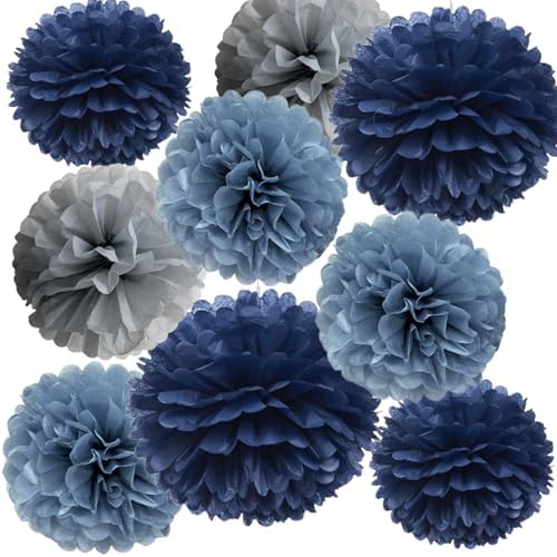 Navy Dusty Blue Gray Tissue Pom Poms Party Decorations