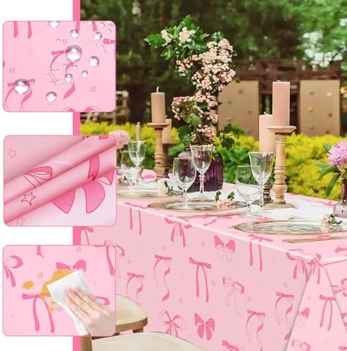 PHOGARY Pink Bow Tablecloths 3PCS for Birthday Party