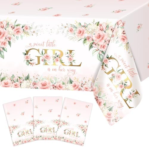 Avezano 3 Pcs Pink Floral Baby Shower Tablecloth 108x54 Inch