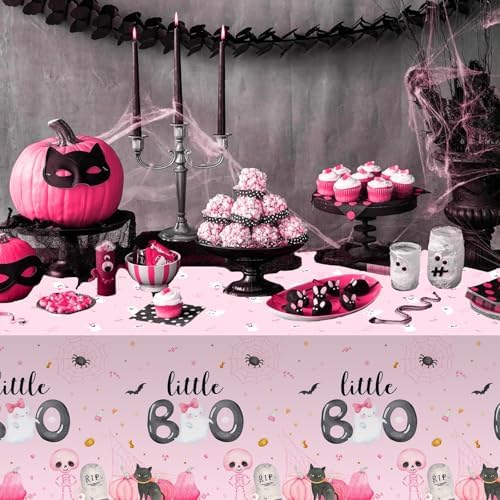 MEHOFOND 3pcs Little Boo Tablecloths Pink Halloween Decorations