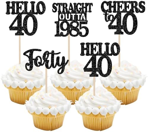 36PCS Happy 40th Birthday Cupcake Toppers Black Glitter