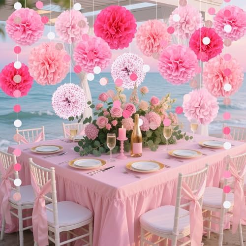 Pink Tissue Paper Pom Poms Garland 16PCS
