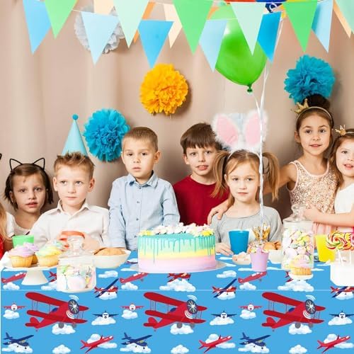 Letromp 3 Pcs Airplane Tablecloth 54x108 Inch Party Decor