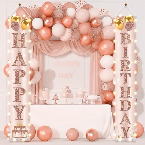 Happy Birthday LED Door Banner Decorations - Pink Rose Gold