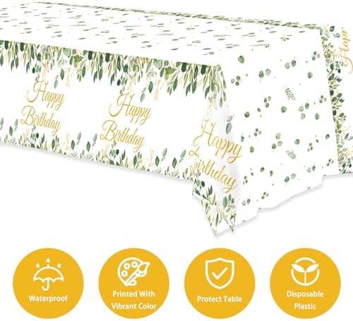 3 Pack Sage Green Glitter Tablecloths with Happy Birthday Text