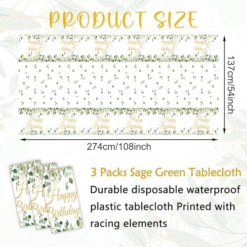 3 Pack Sage Green Glitter Tablecloths with Happy Birthday Text