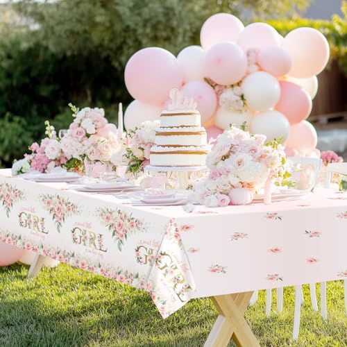 Avezano 3 Pcs Pink Floral Baby Shower Tablecloth 108x54 Inch