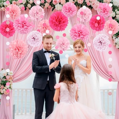 Pink Tissue Paper Pom Poms Garland 16PCS