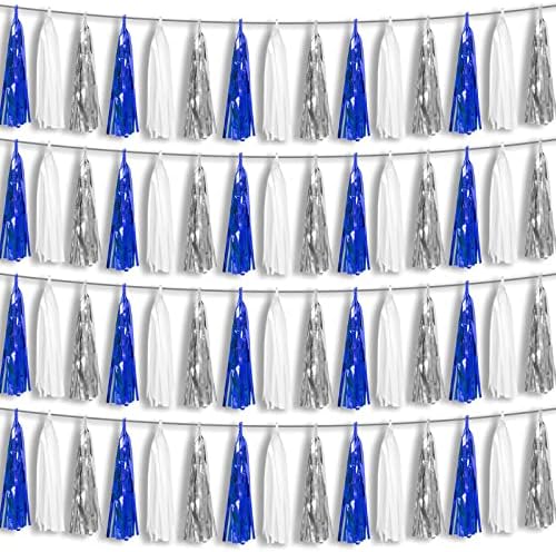 4P Navy Blue White Silver Metallic Tassel Garland Banner Set