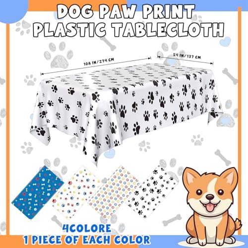 4 Pack Dog Paw Print Tablecloth Dark Blue Red Yellow 54x108 Inches
