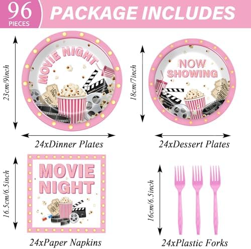 96Pcs Pink Movie Night Party Supplies for 24 Guests