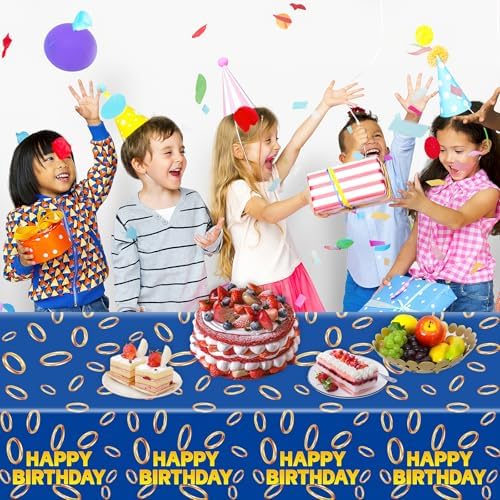 3 Pcs Blue with Gold Ring Print Tablecloth for Birthday Parties