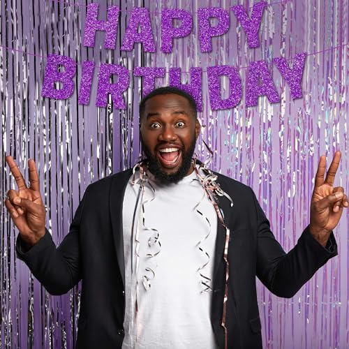 Pre-Strung Purple Glitter Happy Birthday Banner for Girls Women